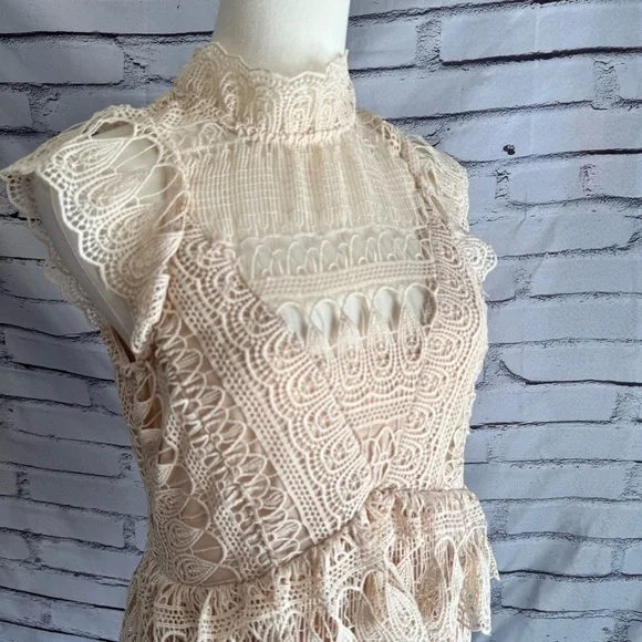 AQUA NWT Lace Tiered Mini Dress Size L Canvas Cottagecore Prairie Victorian Boho - Picture 6 of 16